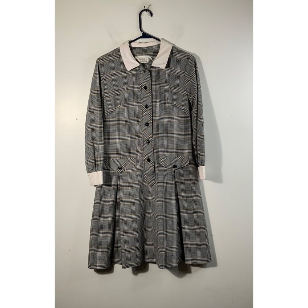 Womens Vintage 60s 70s Kay Windsor Plaid Drop Waist Pleat Front Dress school gir